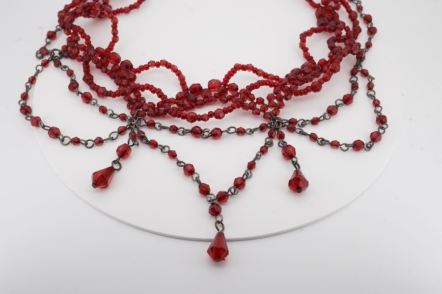 A red paste set drop fringe necklace, 30cm, together with a pair of 925 ear studs. Condition - poor to fair